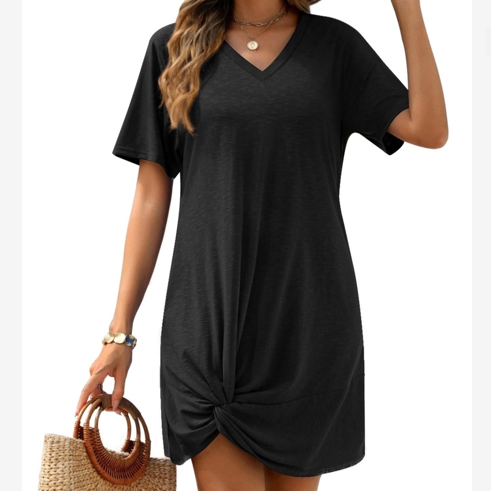 Chic And Trendy Black V-Neck Knot Dress Swimsuit Cover-‎ Size Large